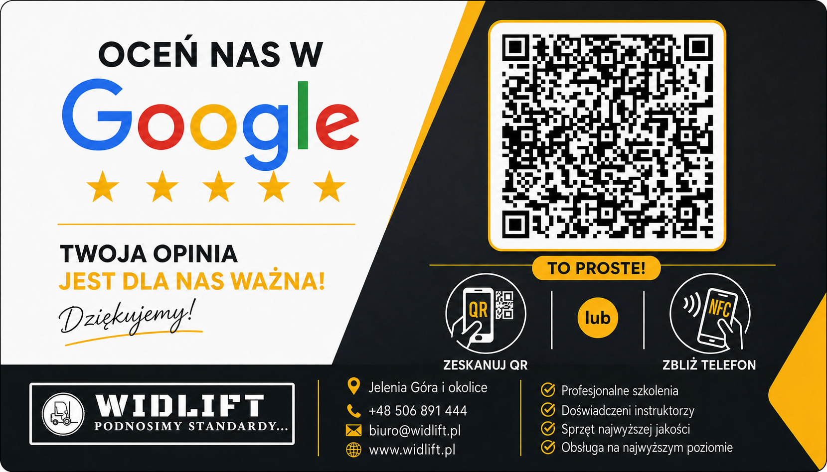 Wizytówka Google WIDLIFT z kodem QR do wystawienia opinii