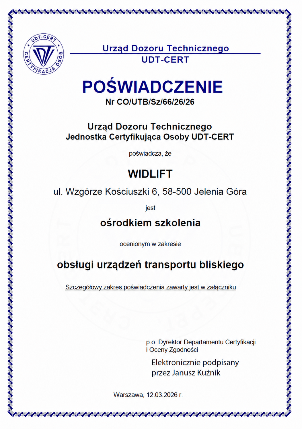 Certyfikat UDT WIDLIFT